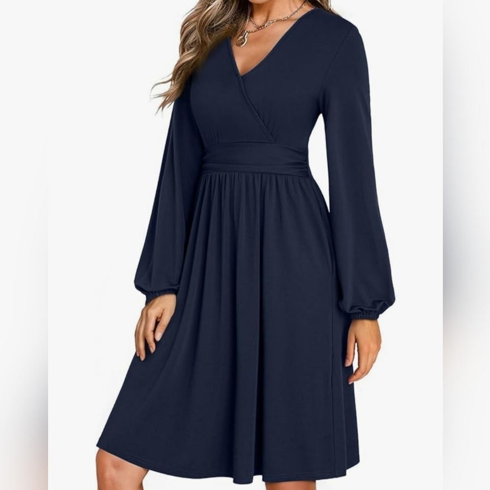 Dokotoo Wrap V-Neck Empire Waist Dress - Navy Blue
